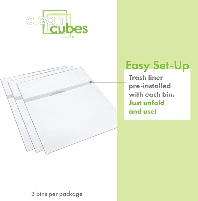 Clean Cubes 13 Gallon Disposable Pop-Up Trash Cans (3-Pack) with Fitted Bags – Foldable Garbage & Recycling Bins for Parties, Events & Kitchen (White, 17" H x 13.5" W x 10" D)