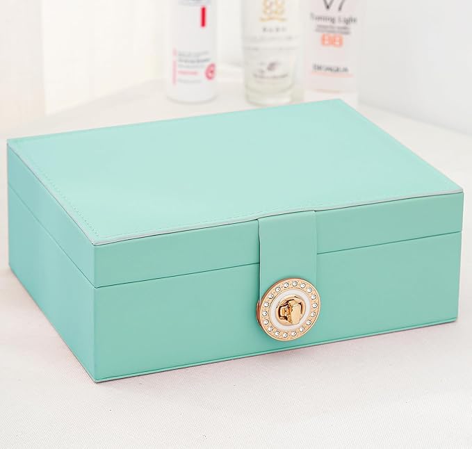 Earrings Jewelry Box for Girls, Large Capacity Jewelry Organizer with 40-Pair Earring Board, 2-Layer Leather Jewelry Storage Box for Necklaces Rings Bracelets with Removable Tray(Gift Idea),Turqueoise