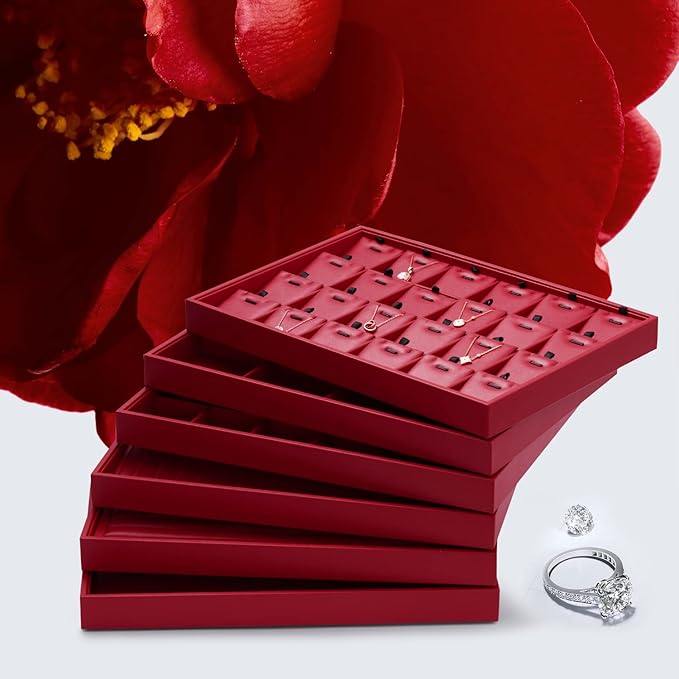 Oirlv Gorgeous Red Leather 24 Gird Jewelry Tray Stackable Jewelry Drawer Organizer Rings Earrings Organizer Storage