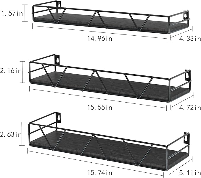 Amaoot Floating Shelves Set of 3, Home Wood Wall Shelf, Farmhouse Shelf for Bedroom, Wall Mounted Floating Shelf for Living Room, Bedroom, Bathroom, Kitchen, Office (Black 2)