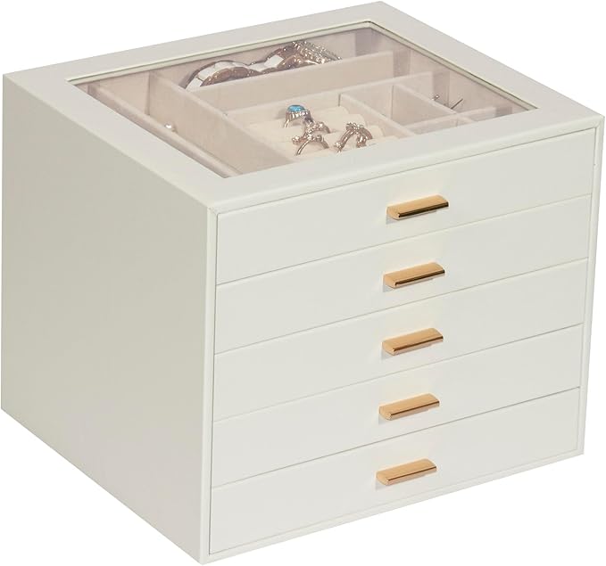 Jewelry Box with Glass Lid, 5-Layer Jewelry Organizer for Women Girls, PU Leather Display Case with 20-Grid Earring Tray & Movable Dividers for Necklaces Rings - Cloud White
