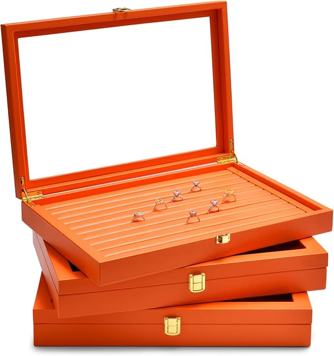 Oirlv Premium Leather Jewelry Display Tray with Acrylic Lid Ring Earrings Organizer Box Clear Lid Drawer Insert for Women
