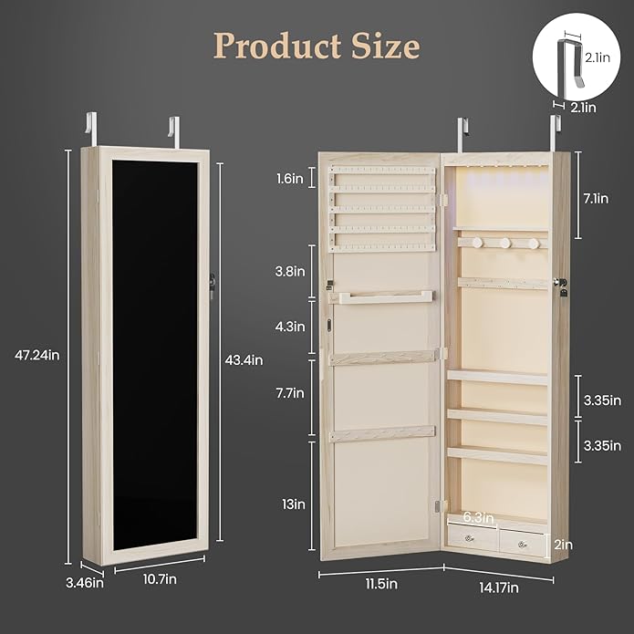 DUMOS 6 LEDs Mirror Jewelry Cabinet, Wall or Door Mounted Jewelry Organizer, 47.2-Inch Tall Lockable Large Capacity Cosmetic Storage, Gift Idea