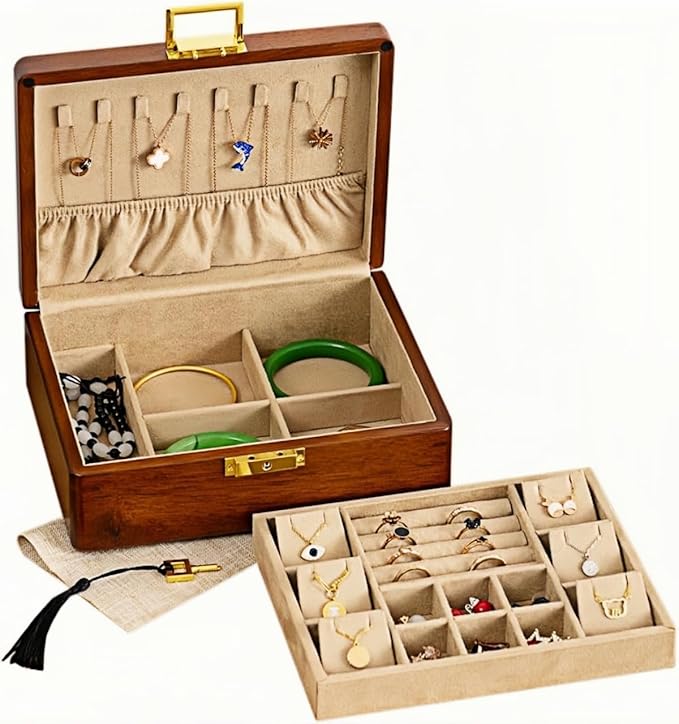 Wooden Jewelry Box with Lock, Double Layer Solid Walnut Wood Jewelry Organizer with Key Velvet Lining for Earrings Rings Necklaces Bracelets Cufflink Pendants Gift Idea Men Women