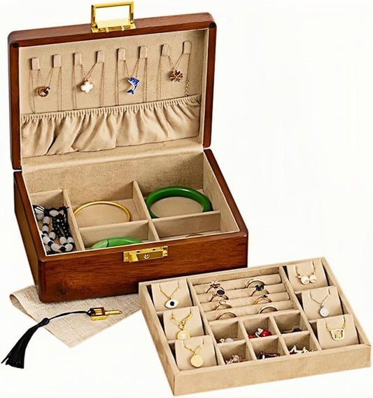 Wooden Jewelry Box with Lock, Double Layer Solid Walnut Wood Jewelry Organizer with Key Velvet Lining for Earrings Rings Necklaces Bracelets Cufflink Pendants Gift Idea Men Women