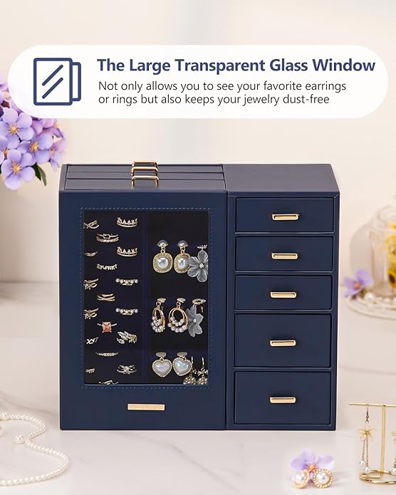 Homde Large Jewelry Box/Organizer/Case with Glass Window, Drawers for Necklaces Earrings Rings Bracelets Watches Gift for Women Girls