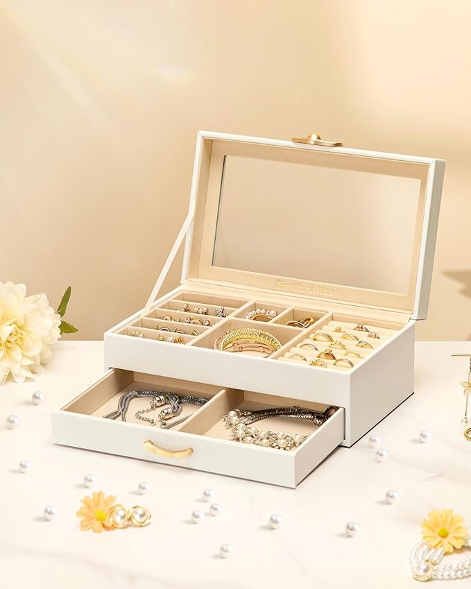 Enthralite Jewelry Box with 1 Drawer: Display Organizer for Earrings Necklaces - Gift for Girls Women (White)