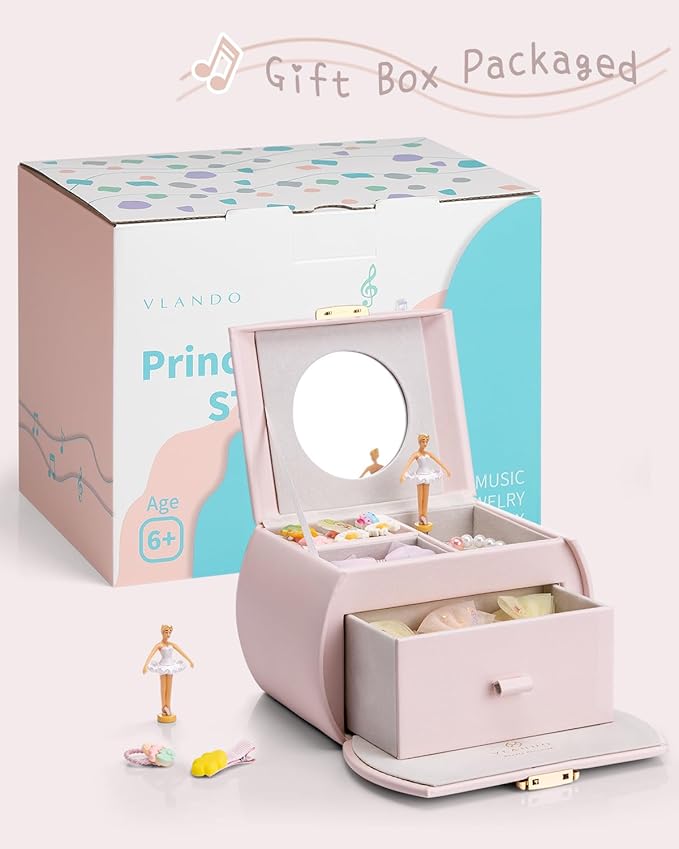 VLANDO Kids Musical Jewelry Box for Girls with Drawer, Music Box with Ballerina and Stickers for Birthday Bedroom Decor, Gifts for Girls Kids Christmas Thanksgiving Gifts 2024 - Light Pink