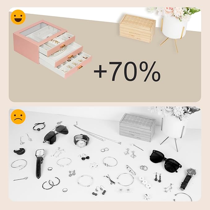 Jewelry Box Organizer with 3 Drawers,Glass Lid Jewelry Boxes for Women,Jewelry Storage for Rings,Necklaces,Earrings,Bracelets,Interesting Gift,Pink