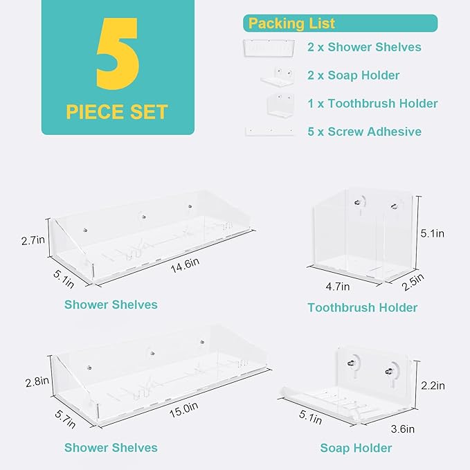 Bakzon Adhesive Shower Caddy, 5 Pack Acrylic Shower Shelves Bath Organizers With Large Capacity, No Drilling Shelves for Bathroom Storage