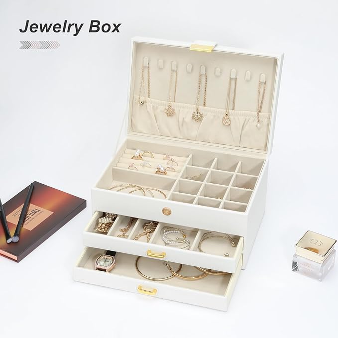 Jewelry Organizer Box for Women Girls, 3-Layer Jewelry Case with 2 Drawers Jewelry Storage Box for Ring Earrings Bracelets Necklaces(White)