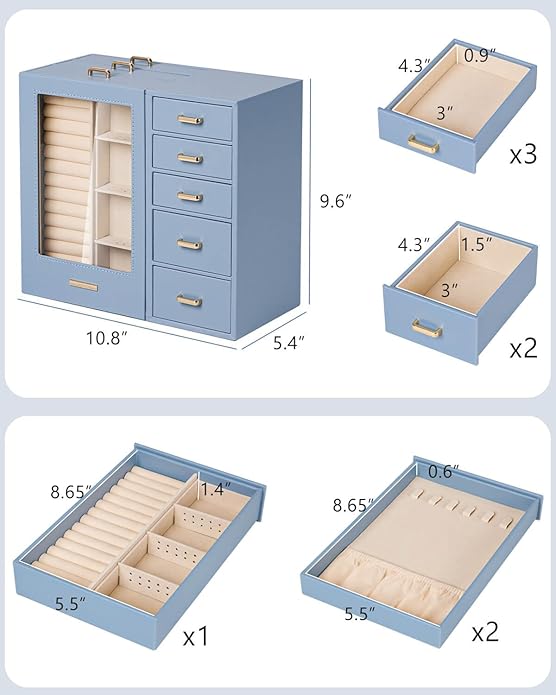 Homde Large Jewelry Box/Organizer/Case with Glass Window, Drawers for Necklaces Earrings Rings Bracelets Watches Gift for Women Girls