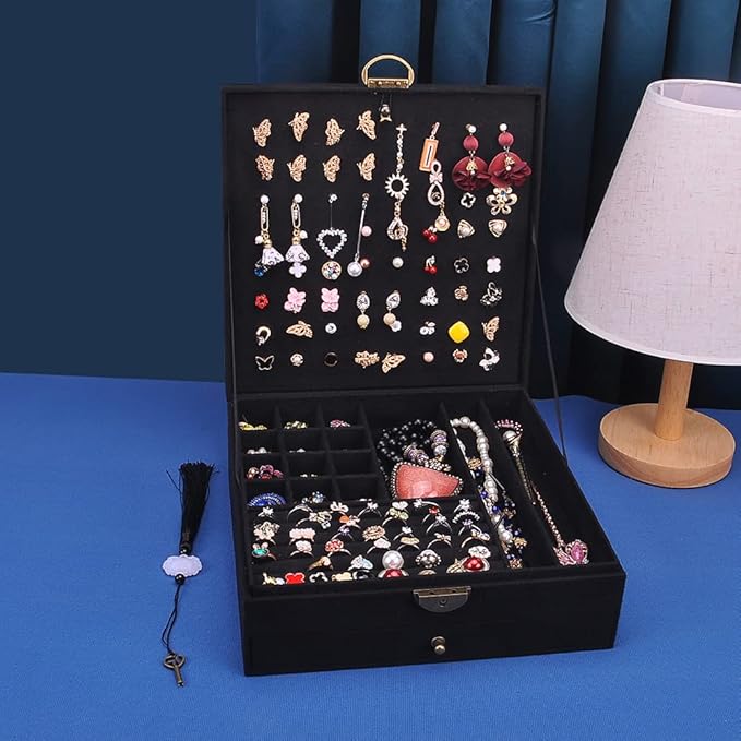 Women Jewelry Box Lockable 3 Layers Large Jewelry Organizer Storage Case for Earrings Necklaces Rings Bracelets,Green Display Jewel Holder (Black)