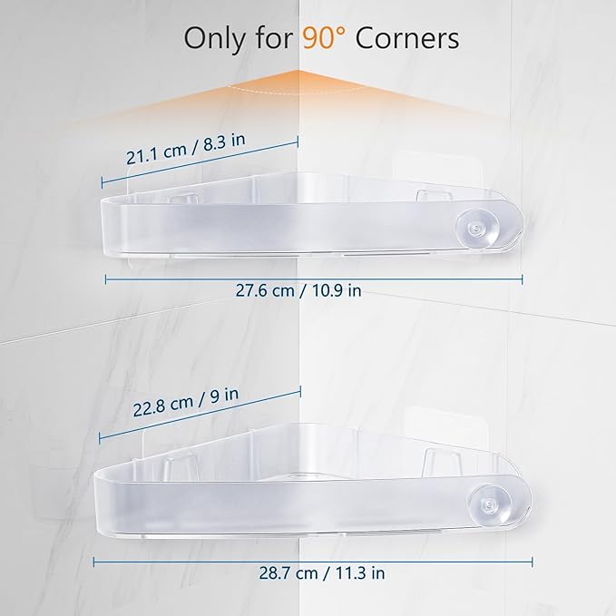Sotfamily Plastic Shower Caddy Corner (for 90° Only), 2 Pack Adhesive Corner Shower Shelves for Bathroom Organizers and Storage, Frosted Clear