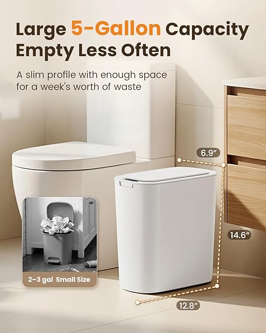 Cesun Motion Sensor Trash Can, 5 Gallon Automatic Bathroom Garbage Can with Lid, Touchless Smart Plastic Slim Wastebasket for Bathroom, Office, rv, Bedroom, Living Room, White