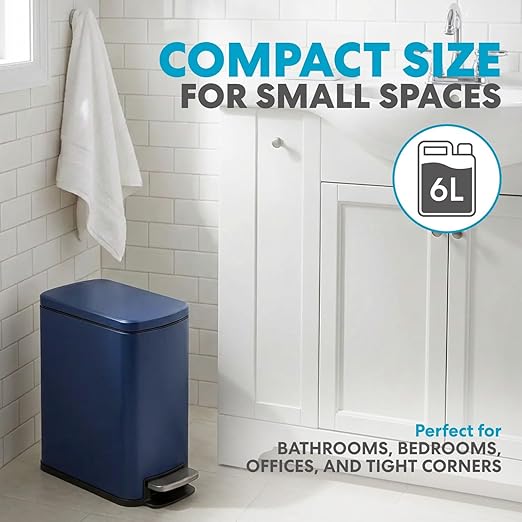 SIMPLI-Magic 6L/1.6G Stainless Steel Bathroom Trash Can with Hands-Free Foot Pedal, Quiet Soft-Close Lid, Compact Space-Saving Size