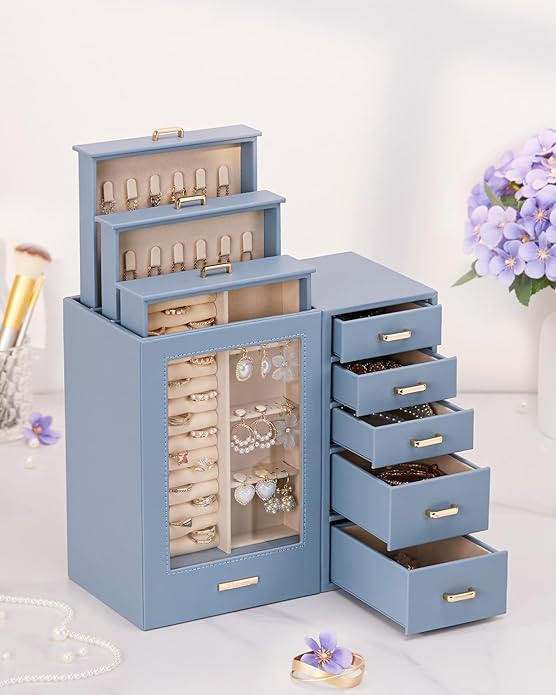 Homde Large Jewelry Box/Organizer/Case with Glass Window, Drawers for Necklaces Earrings Rings Bracelets Watches Gift for Women Girls