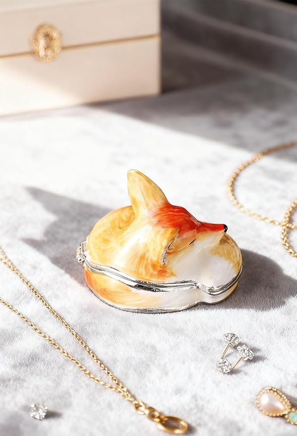 Hand Painted Trinket Box Enamel Vintage Jewelry Box Sleeping Fox Hinged Metal Jewelry Organizer Decorative Treasure Box Unique Gifts for Animal Lover