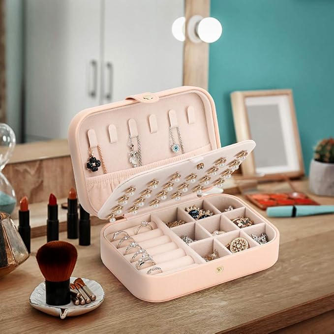 FEISCON Travel Jewelry Case Jewelry Organizer Box with Two Layer Portable Small Jewelry Storage Case Accessories Holder/Pink