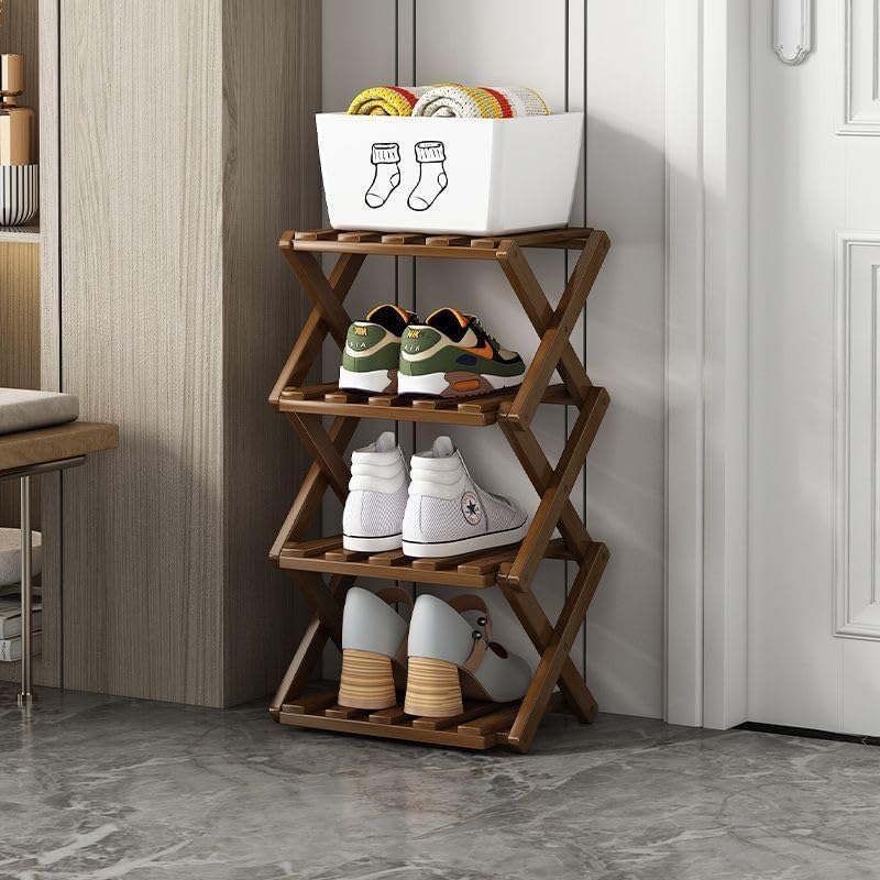 4 Tier Foldable Shoe Rack, Bamboo Vertical Shoe Organizer Tall for Multifunctional Narrow Shoe Shelf for Entryway, Closet, Corner, Bedroom, Hallway(Brown) by XZXWZX