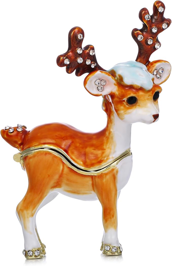 Hand Painted Animal Trinket Box for Home Decor, Hinged Jewelry Organizer Storage, Unique Personalized Collectible Keepsake Figurine Handmade Decorative Ornament Gifts (Sika Deer)