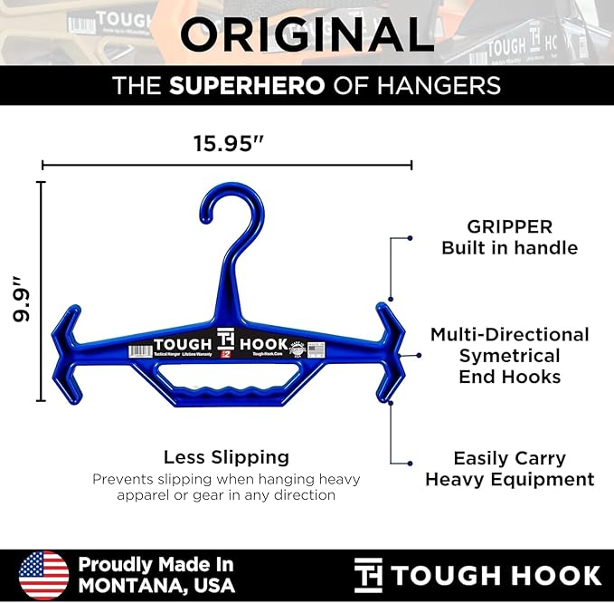 Tough Hook Original Xtreme Heavy Duty Hanger - The Superhero of Hangers USA-Made 200lb Capacity - Anti-Slip Design for Police Body Armor, Scuba BCD & Wetsuits - Durable ABS DuraResin, 1 Pack Black