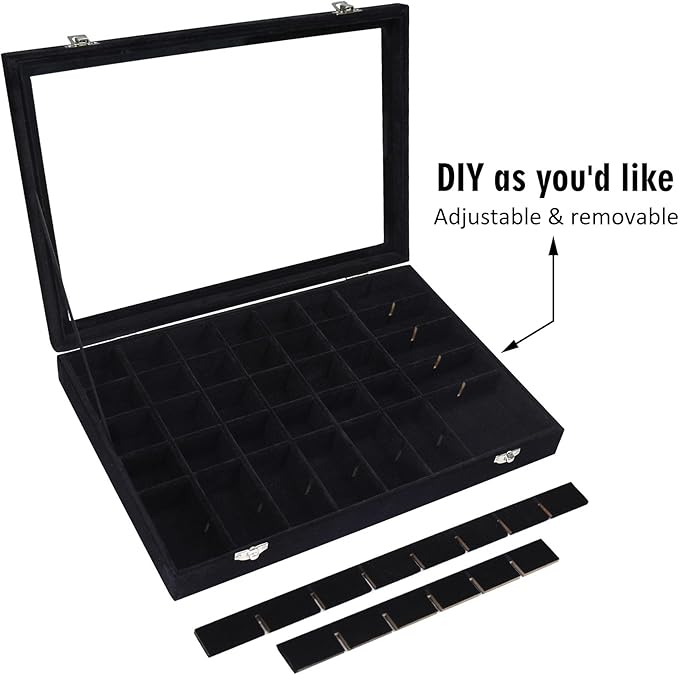 Siveit Velvet Jewelry Tray 48 Grid Jewelry Display Tray Organizer Box with Transparent Lid Rings Earrings Necklaces Pendants Display Box Suitable for Women and Girls (Black)