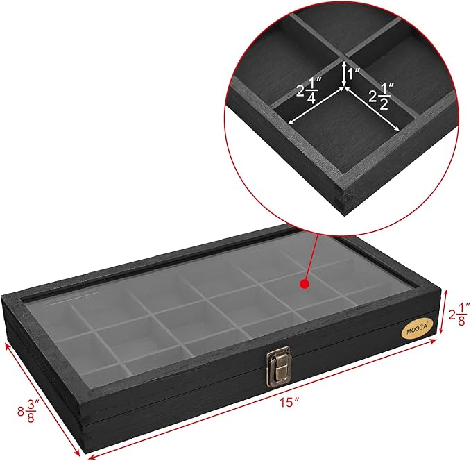 MOOCA Wooden Jewelry Display Case with Tempered Glass Lid & 18 Compartments Tray, Rock Collection Box, Crystal Display Case, Black Color