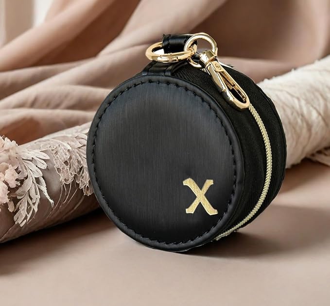 COLLECTIVE HOME - Monogrammed Letter Jewelry Case, Portable Travel Ring Holder Box with Keychain, Personalized Initial Organizer for Earrings Necklaces, Gift for Her (Black-x)