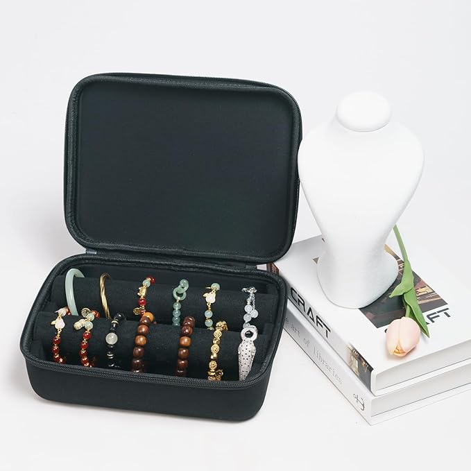 Portable Travel Jewelry Box Bracelet Display Holder with 2Rods for Watch Bangle Jewelry Organizer Storage Bag Women Men Black