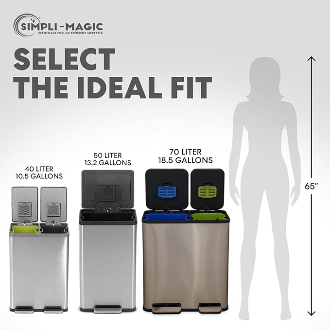 Simpli-Magic 70 Liter / 18.5 Gallon Rectangular Hands-Free Dual Compartment Recycling Kitchen Step Trash Can with Soft-Close Single Lid, Stainless Steel (40L x 30L Capacity) Rose Gold Finish