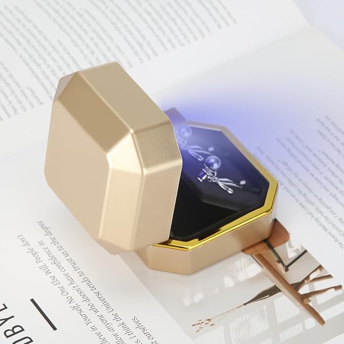 Luxury LED Jewelry Earring Pendant Stud Box, Velvet Earring Necklace Gift Box Storage Case Organizer Holder for Proposal Engagement Wedding Anniversary Birthday Ceremony (Gold)