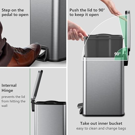Slim Bathroom Trash Can with Lid Soft Close, 1.6 Gallon Stainless Steel Garbage Can with Removable Inner Bucket, Durable Step Pedal, Small Trash Bins for Toilet, Bedroom, Kitchen, Office