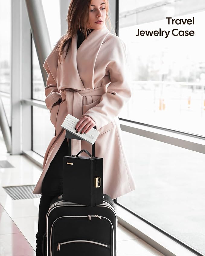 Enthralite Large Travel Jewelry Case: Portable Jewelry Box with Mirror - PU Leather Small Jewelry Organizer for Rings Earrings Necklaces Bracelets - Birthday Gift for Her - Jewelry Storage