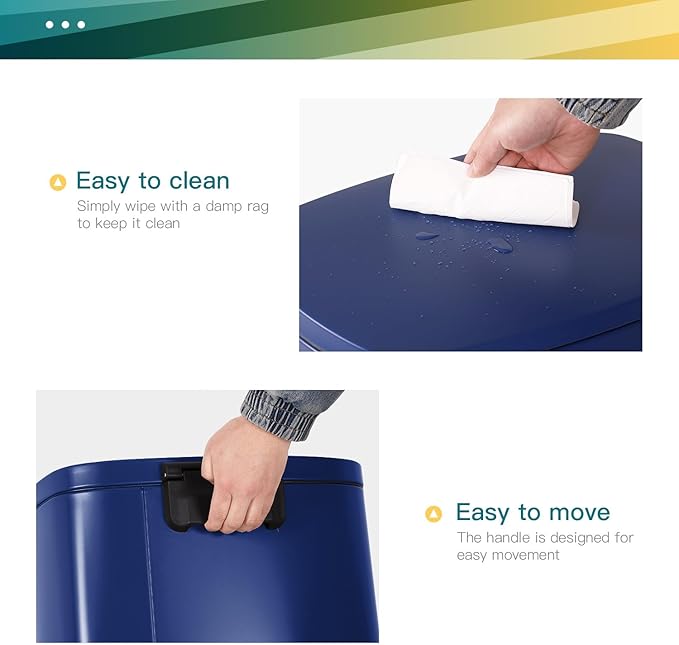 FDW | 13 Gallon Trash Can with Lid | Deep Blue | Fingerprint-Proof | Made of Brushed Stainless Steel | Soft-Close Step Pedal | Hands-Free Use | Easy to Clean | for Kitchen, Office, Bathroom