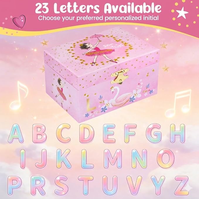 Personalized Initial L Musical Jewelry Box for Girls - Ballerina Music Box with Spinning Dancer, Includes Unicorn Necklace & Bracelet Set, Custom L Letter Keepsake for Kids Ages 3-10