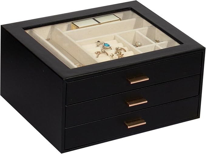Jewelry Box with Glass Lid, 3-Layer Jewelry Organizer for Women Girls, PU Leather Display Case with 20-Grid Earring Tray & Movable Dividers for Necklaces Rings,Black