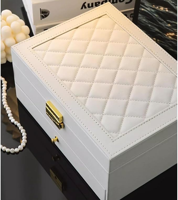 GUOER Jewelry Box for Women Girl Wife - Large PU Leather Jewelry Organizer Storage Case with Two Layers Display for Earrings Bracelets Rings Watches Mother's Day (White)
