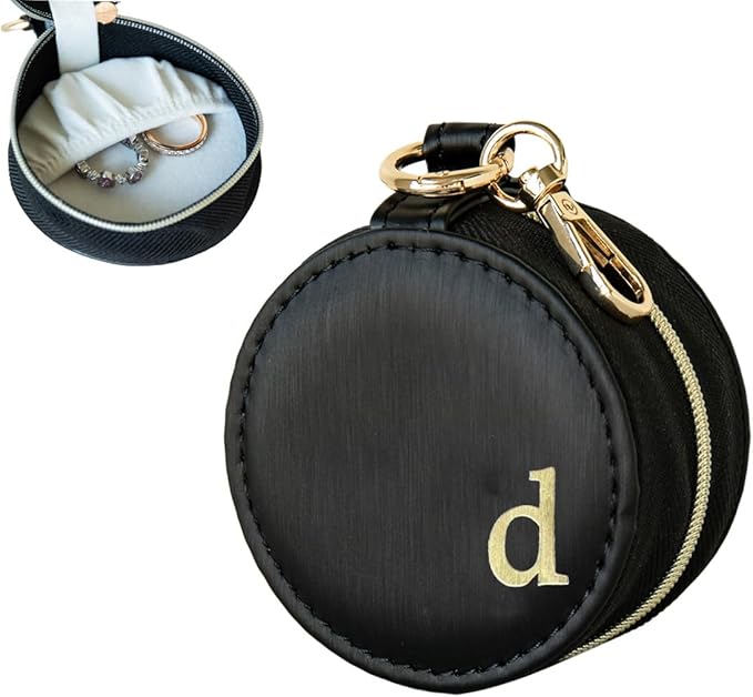COLLECTIVE HOME - Monogrammed Letter Jewelry Case, Portable Travel Ring Holder Box with Keychain, Personalized Initial Organizer for Earrings Necklaces, Gift for Her (Black-d)