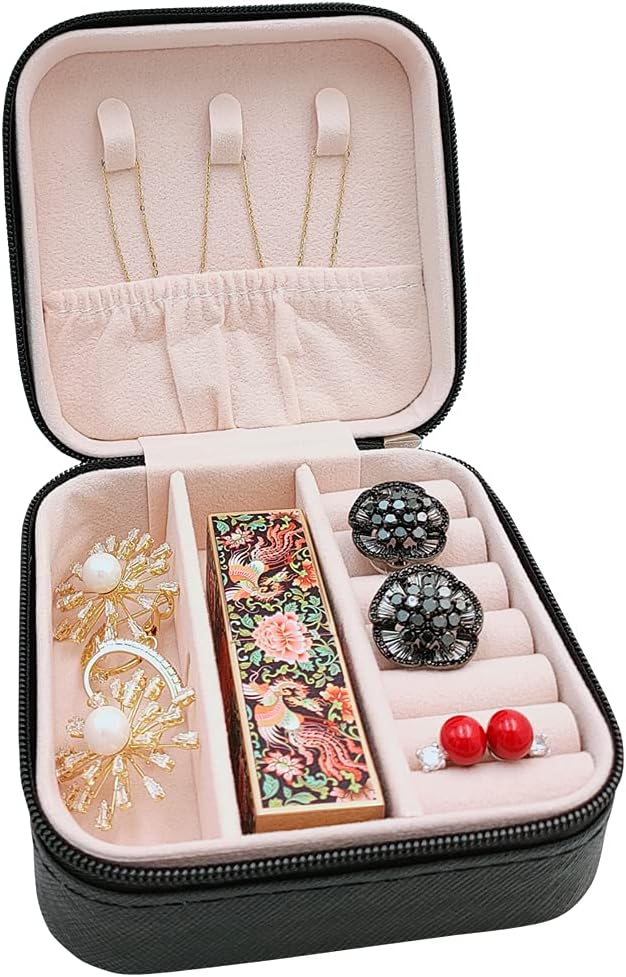 TRODANCE Mini Jewelry Travel Case, Small Portable Jewellry Organizer Box Portable Display Storage Box for Rings Earrings Necklaces, Gifts for Girl, Women, Wedding, Birthday, Mom, Mother's Day (Black)