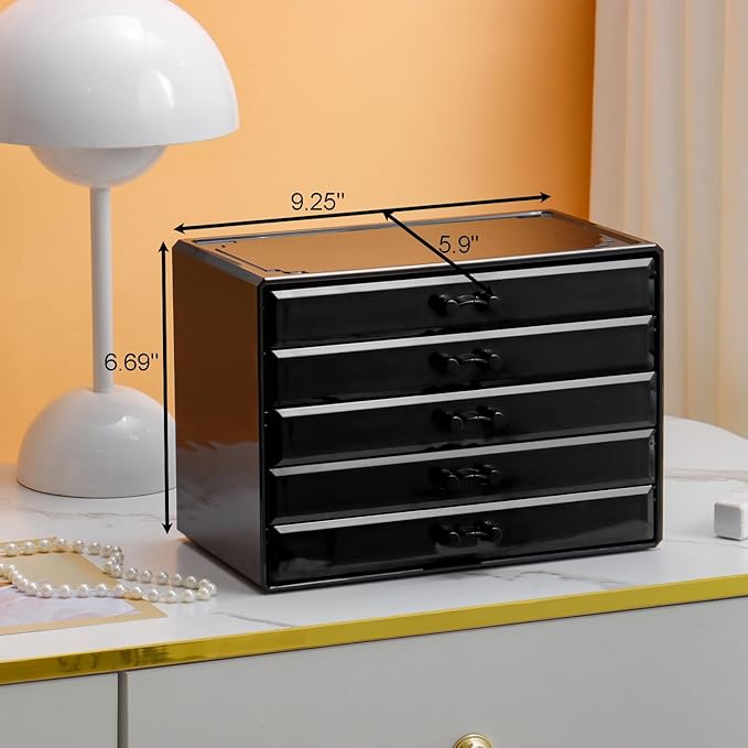 YUFONG Necklace Holder Organizer, Dustproof Necklace Box Velvet Necklace Organizer Box with Lid Clear Acrylic Dustproof Stackable Jewelry Displays for Necklaces Chain Display (Black Beige, 5 Drawer)