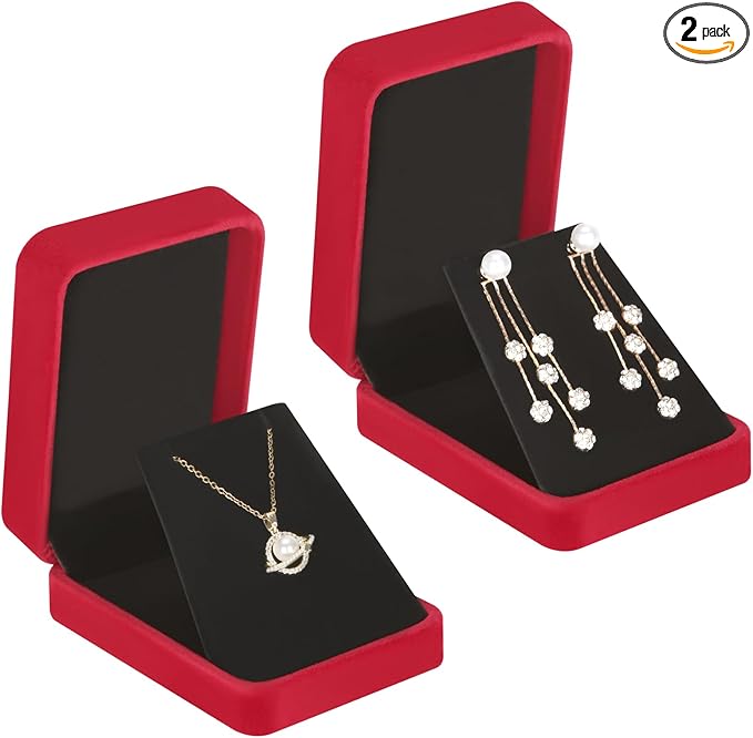 LETURE 2 Pieces Velvet Jewelry Gift Boxes for Necklace Pendant Earring Bracelet, Small Jewelry Storage Display Case for Christmas Wedding Engagement Birthday Anniversary (Red)