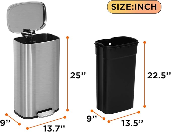 FDW | 8 Gallon Trash Can with Lid | Stainless Steel | Fingerprint Proof | Made of Stainless Steel | Soft-Close Step Pedal | Hands-Free Use | Easy to Clean | for Kitchen, Office, Bathroom