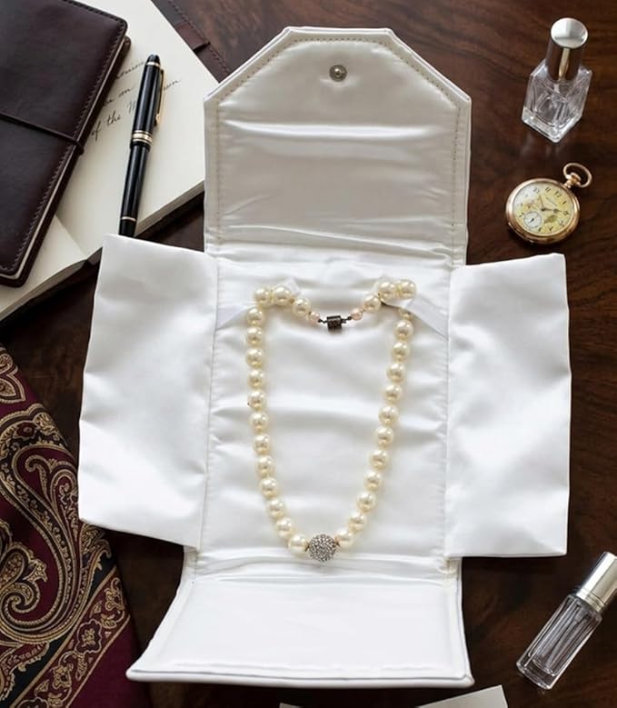Novel Box Necklace Display Pearl Folder 8x6 inch Large Travel Jewelry Case - Wedding Jewelry Storage Holder with Smooth Finish - Jewelry Organizer Necklace Box - White/White Stitched