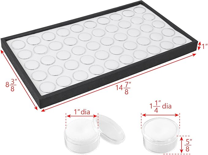 Ikee Design White Foam Gem Jars Showcase Stackable Display Tray for Collectibles, Home Organization Storage Box with 50 Gemstones and Bead Storage Jars, White Foam/Black Tray