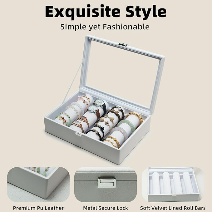Bracelets Organizer Rods Bangles Display Holder, Clear See through Lid Leather Velvet Jewelry Storage Box Case for Women, 4 Rods White Leather