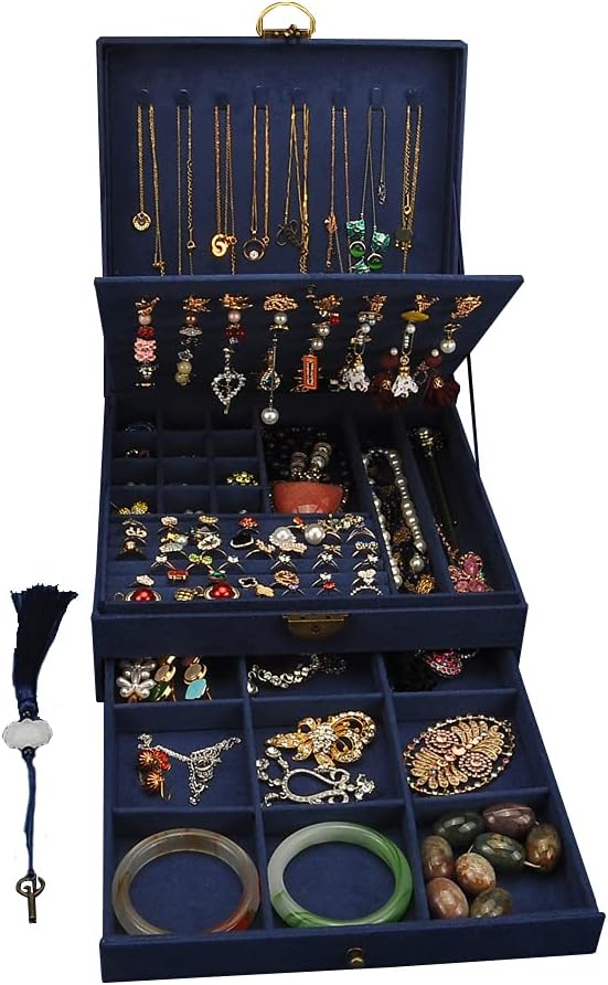 Women Jewelry Box Lockable 3 Layers Large Jewelry Organizer Storage Case for Earrings Necklaces Rings Bracelets,Green Display Jewel Holder (Navy)