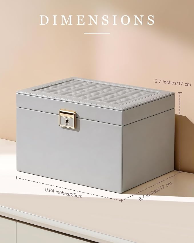 DesignSter Jewelry Box for Women Girl, 3-layer Lockable Jewelry Organizer with Mirror, Large Leather Jewelry Case for Earring Necklace Ring Bracelet Watch