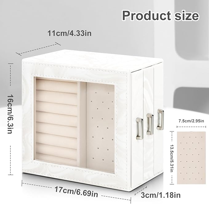 DesignSter Jewelry Box Organizer, Jewelry Box for Women, PU Jewelry Organizer Display Case with Side Drawers, Jewelry Storage for Earring Necklace Ring Bracelet Watch