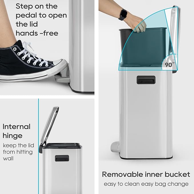 FDW | 10 Gallon Trash Can with Lid | Stainless Steel | Fingerprint-Proof | Made of Stainless Steel | Soft-Close Step Pedal | Hands-Free Use | Easy to Clean | for Kitchen, Office, Bathroom